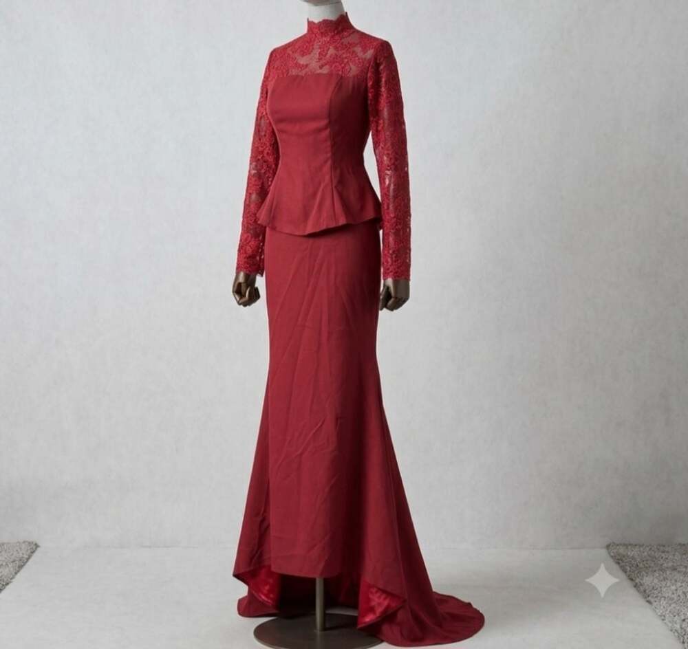 Burgundy Lace Long Sleeve Peplum Top and Satin Mermaid Maxi Skirt Two-Piece Set
